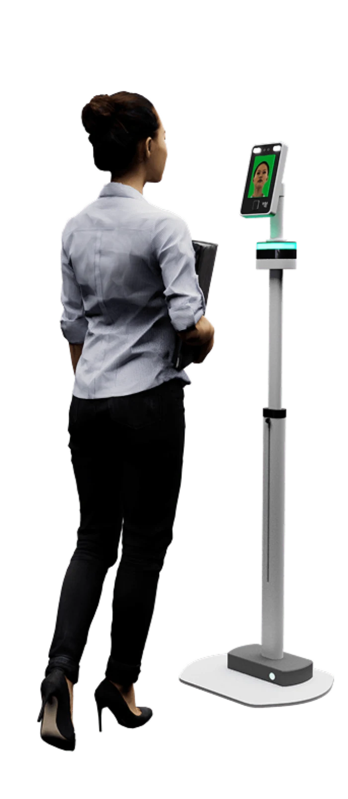 A person approaching the BioScan Pro terminal on its floor stand, their face matched on screen as they walk up.